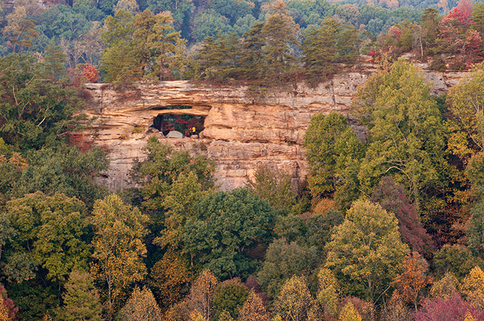 Viewed from the Auxier Ridge Trail, Double Arch is a highlight of the Red River Gorge.&nbsp; Draped in early autumn foliage it...